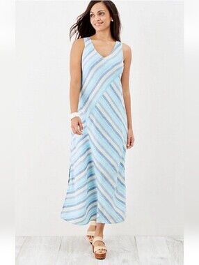 J.Jill 100% Linen Striped Maxi Dress Size Medium Beachy Lined Summer Coastal